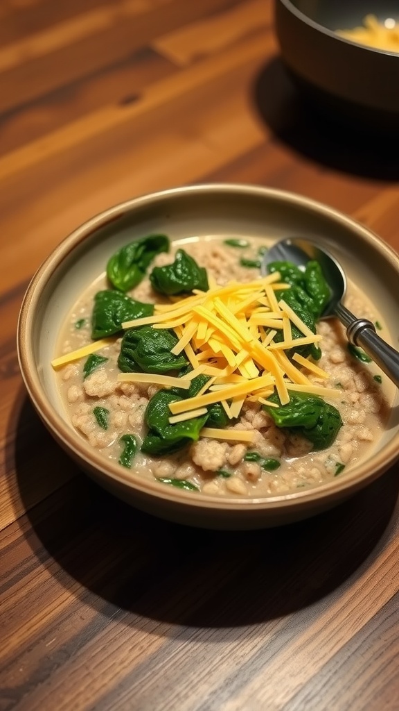 A bowl of savory oatmeal topped with spinach and cheese.