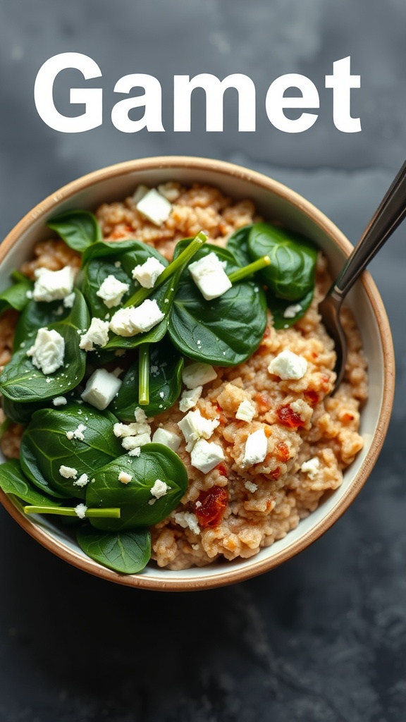Bowl of savory oatmeal topped with spinach and feta cheese
