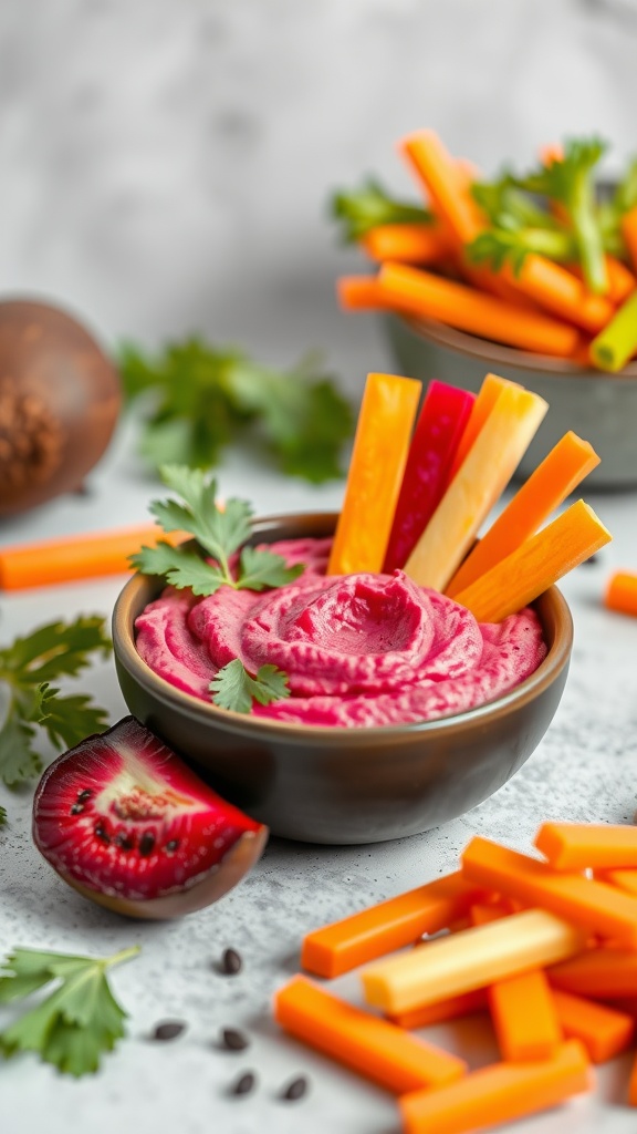 Bowl of pink beet hummus topped with herbs, surrounded by carrot and cucumber sticks