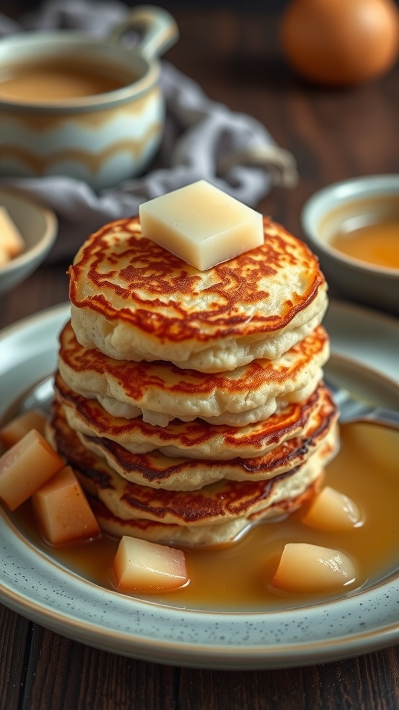 Delicious savory potato pancakes stacked with butter on top, served with syrup and fruit.
