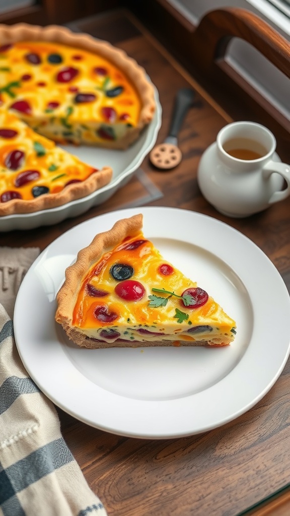 A slice of colorful quiche on a plate next to a whole quiche, accompanied by a small pitcher of liquid.