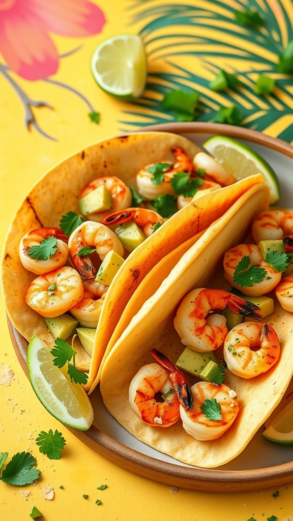 Shrimp and avocado tacos served with lime wedges and garnished with cilantro.
