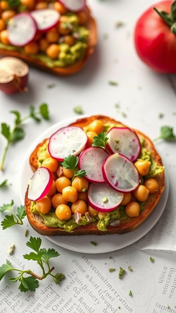 Smashed chickpea and avocado toast topped with radishes and herbs.