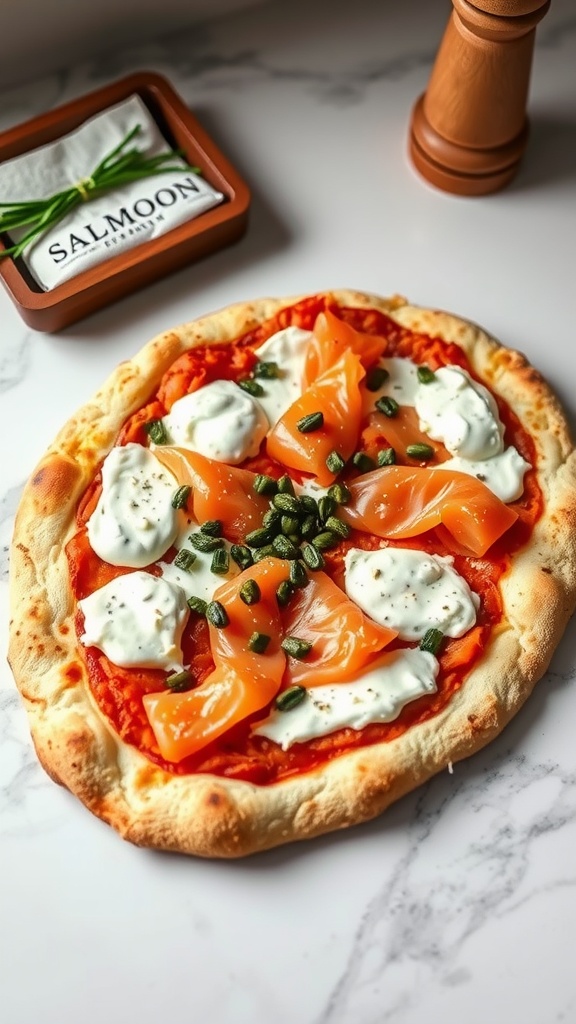 A delicious smoked salmon and cream cheese pizza with capers and chives.