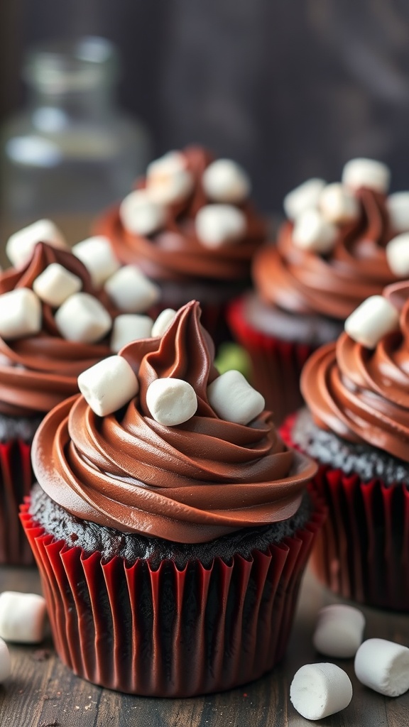 Delicious smoky chocolate cupcakes topped with rich chocolate frosting and mini marshmallows.