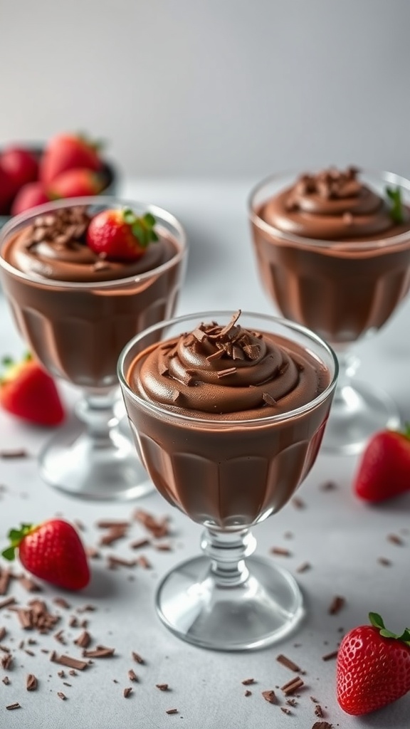 Creamy chocolate mousse served in elegant glasses, garnished with fresh strawberries and chocolate shavings.