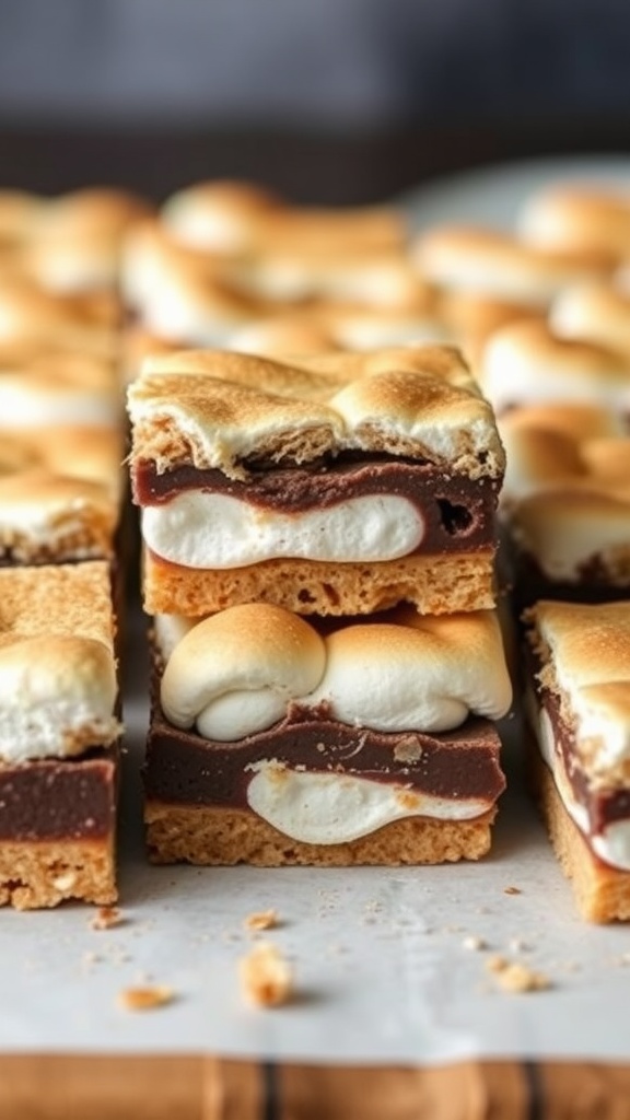 Delicious smoky s'mores bars with layers of graham cracker, chocolate, and toasted marshmallows.