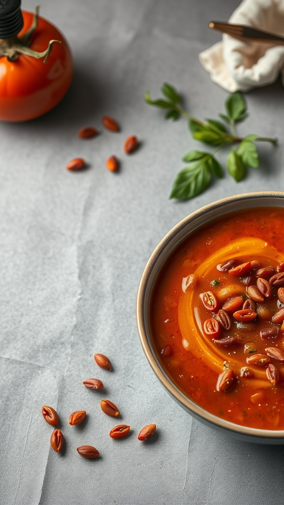 Bowl of Smoky Tomato and Red Lentil soup with basil garnish