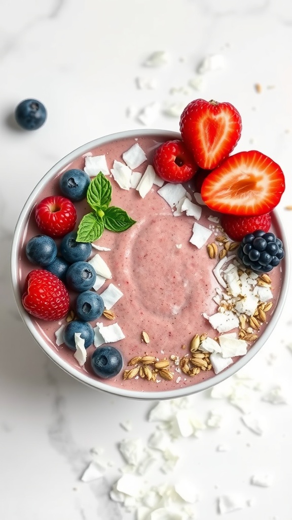 A colorful smoothie bowl topped with coconut flakes and fresh berries.