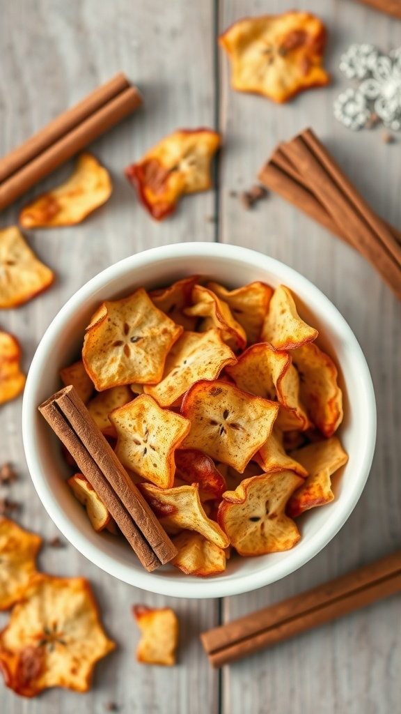 A bowl of spiced apple chips with cinnamon sticks