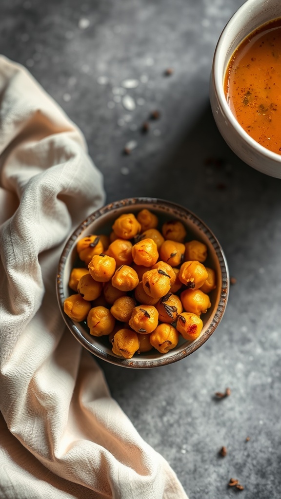 Bowl of spiced roasted chickpeas on a table, ready to be served as a snack.