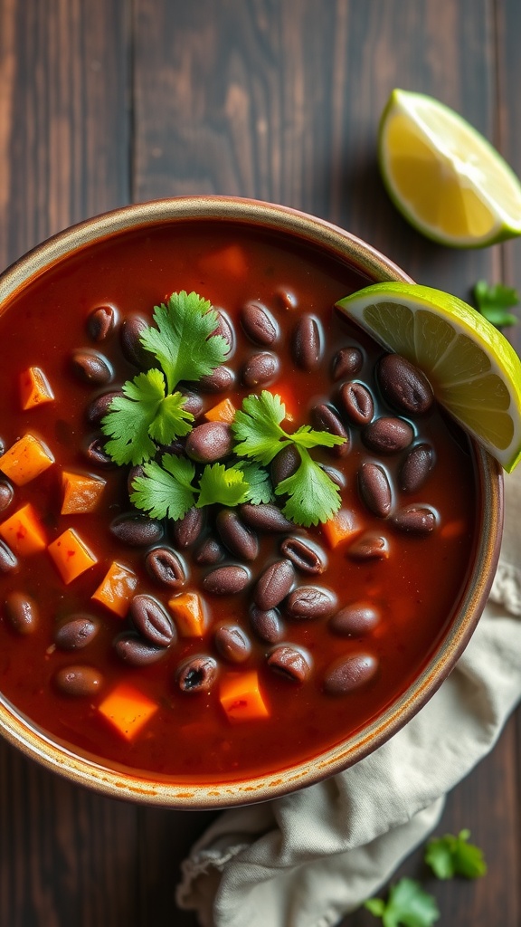 A bowl of spicy black bean soup topped with fresh cilantro and lime slices