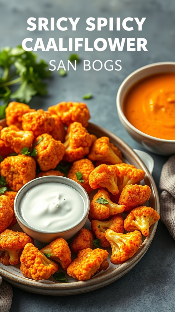 Spicy Buffalo Cauliflower Bites served with ranch dressing