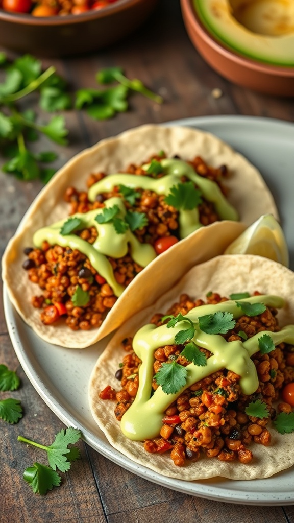 Spicy lentil tacos topped with avocado crema and cilantro.