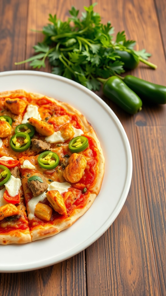 A spicy pepper jack chicken pizza with jalapeños and cilantro.