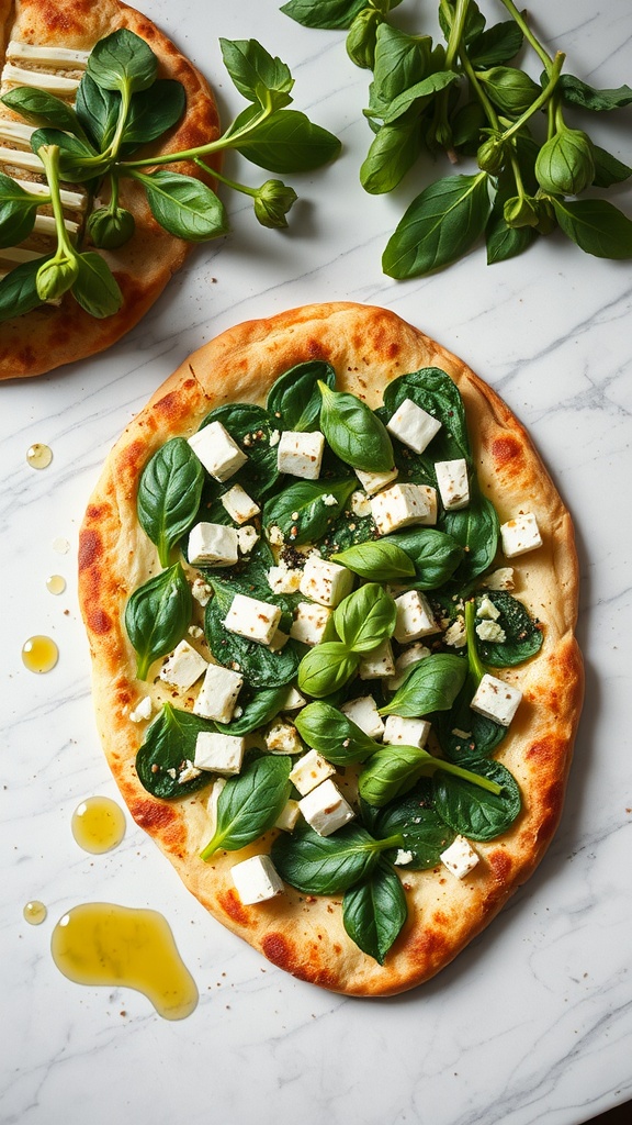 Spinach and feta flatbread with fresh basil