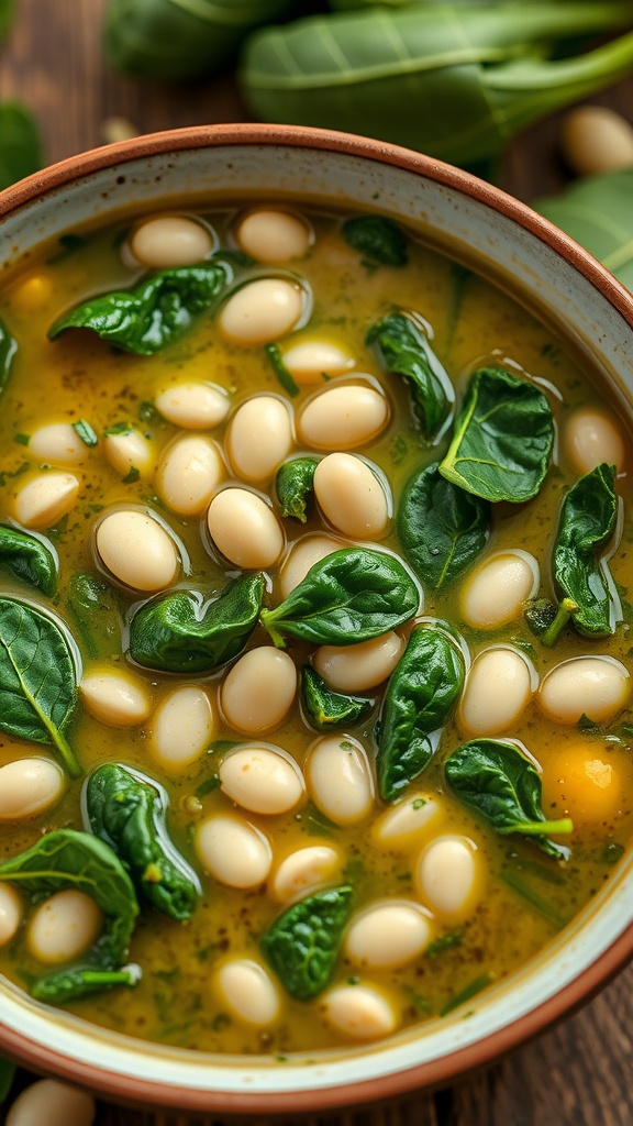 A bowl of spinach and white bean soup with fresh spinach leaves on top.