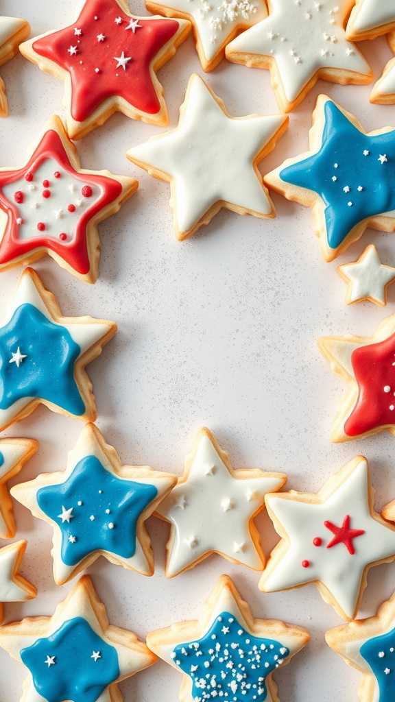 Star-shaped sugar cookies decorated in red, white, and blue icing for Memorial Day.
