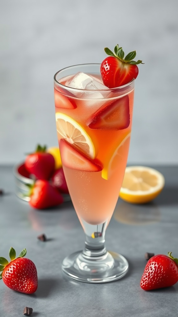 A refreshing glass of Strawberry Lemonade Sparkler garnished with strawberries and lemon slices