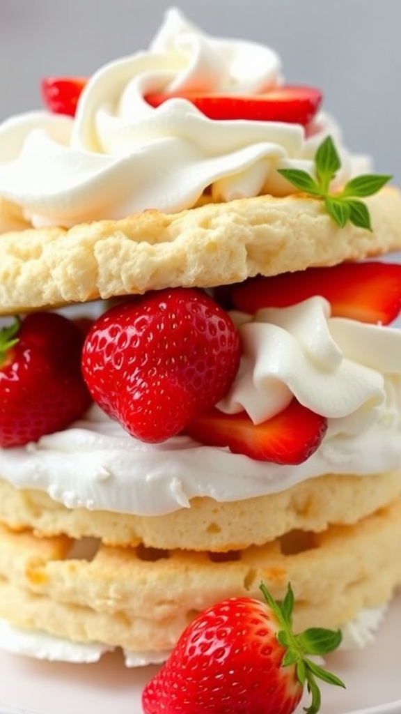 Delicious strawberry shortcake with whipped cream and fresh strawberries.