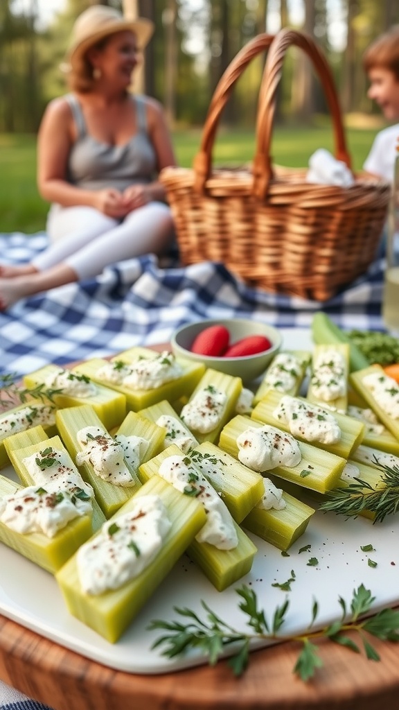 Stuffed celery sticks with cream cheese and red spice on a tray.