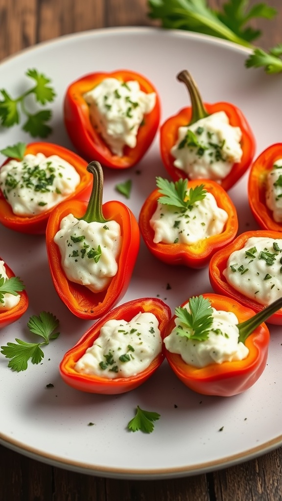 Colorful stuffed mini peppers filled with cream cheese and shredded cheese