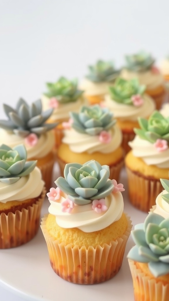 Decorative succulent cupcakes with floral accents