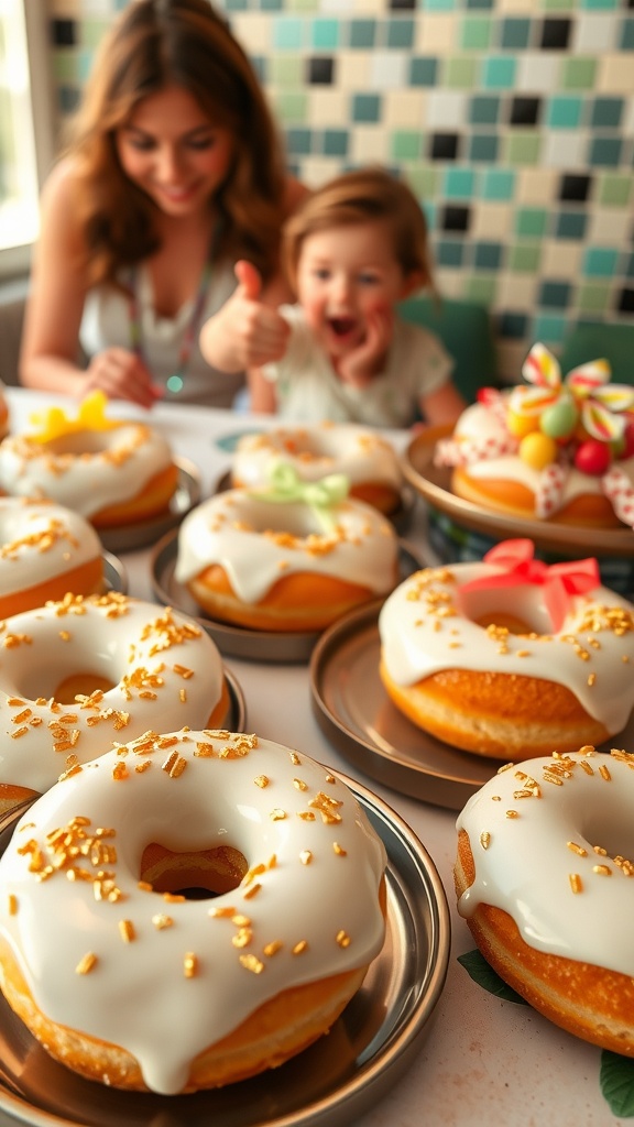 Delicious white donuts with golden sprinkles