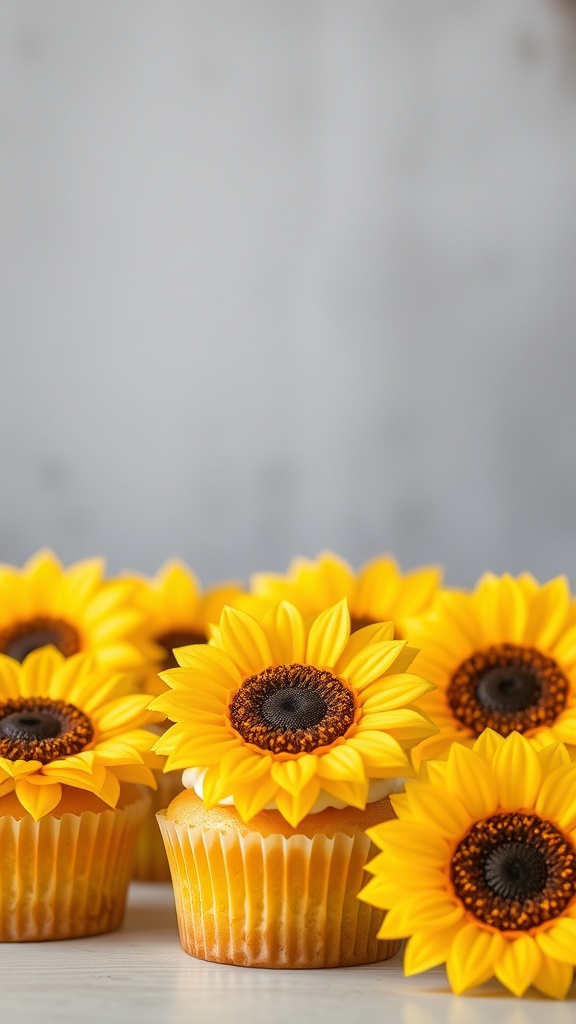 Sunflower cupcakes decorated with yellow fondant sunflowers.