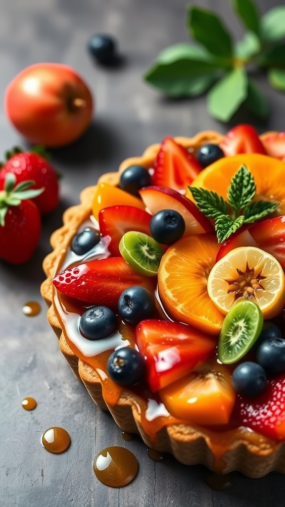 A beautifully arranged fruit tart with a variety of fresh fruits on a creamy base.