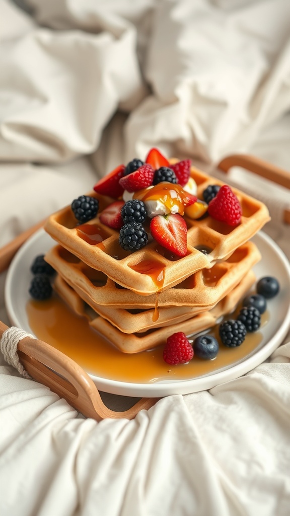 A stack of waffles topped with mixed berries and syrup on a white plate.