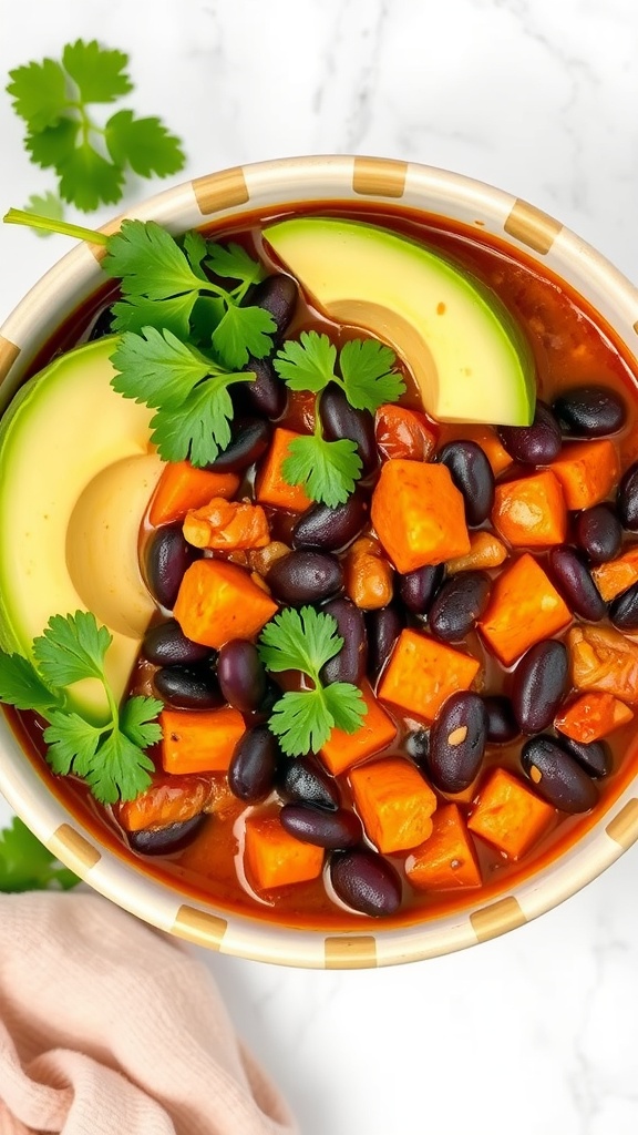 A hearty bowl of Sweet Potato and Black Bean Chili garnished with avocado slices and cilantro