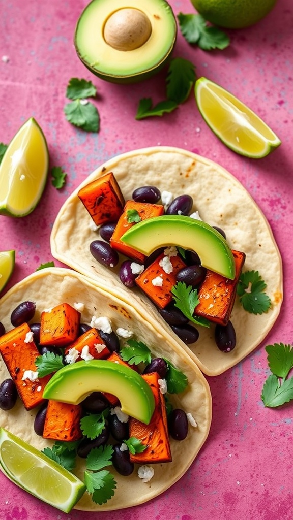 Delicious sweet potato and black bean tacos served with avocado and lime.