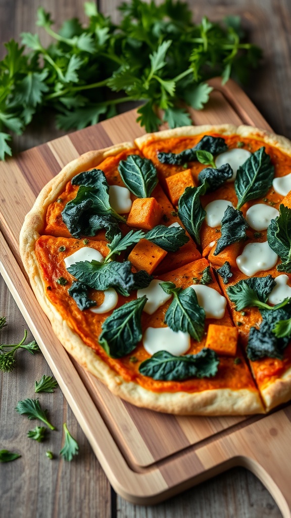 Sweet potato and kale pizza on a wooden board.