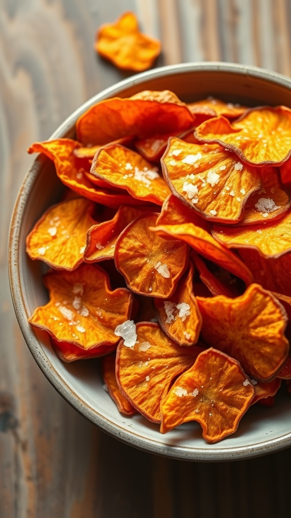 Bowl of crispy sweet potato chips sprinkled with sea salt.