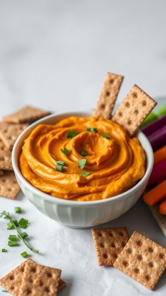 A bowl of sweet potato hummus with crackers and fresh veggies
