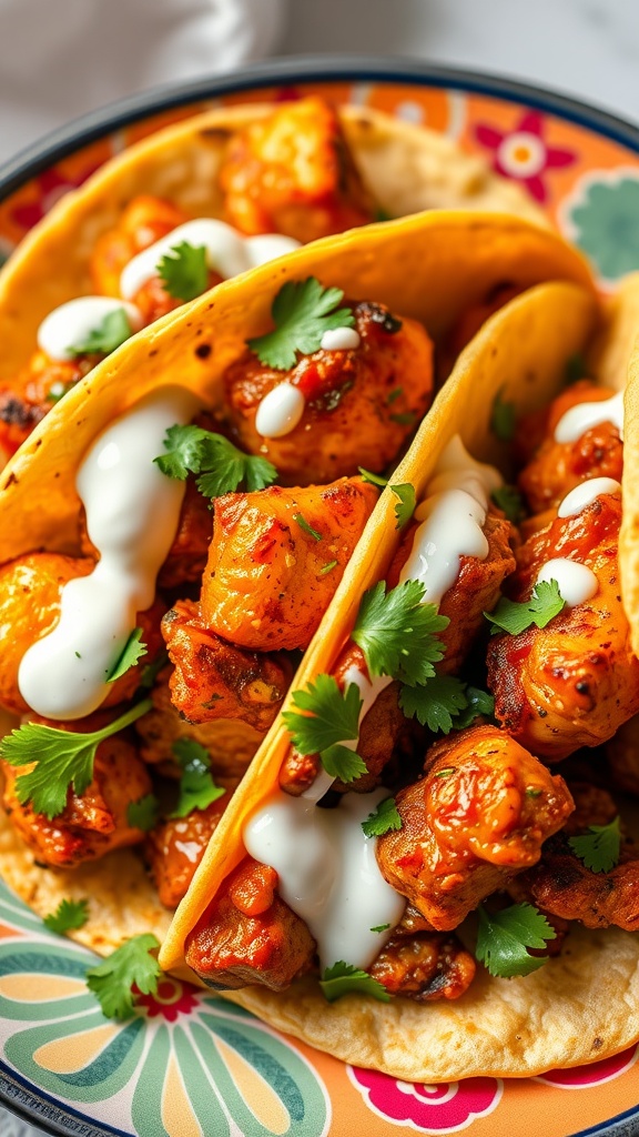 Delicious tandoori chicken tacos garnished with cilantro and yogurt sauce