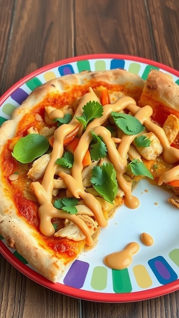 A delicious Thai Chicken Pizza topped with peanut sauce and fresh cilantro.