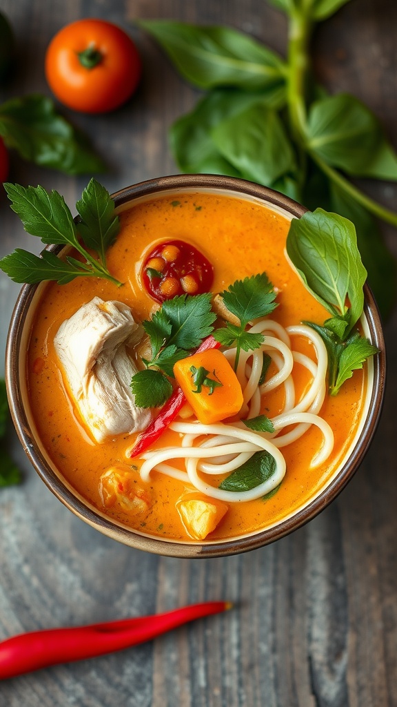 A bowl of Thai Coconut Curry Soup with vegetables and herbs.
