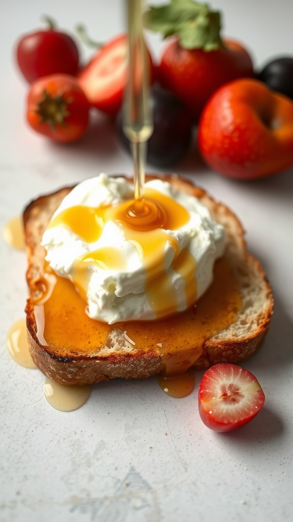 Toast topped with ricotta cheese and honey, with fresh fruit on the side.