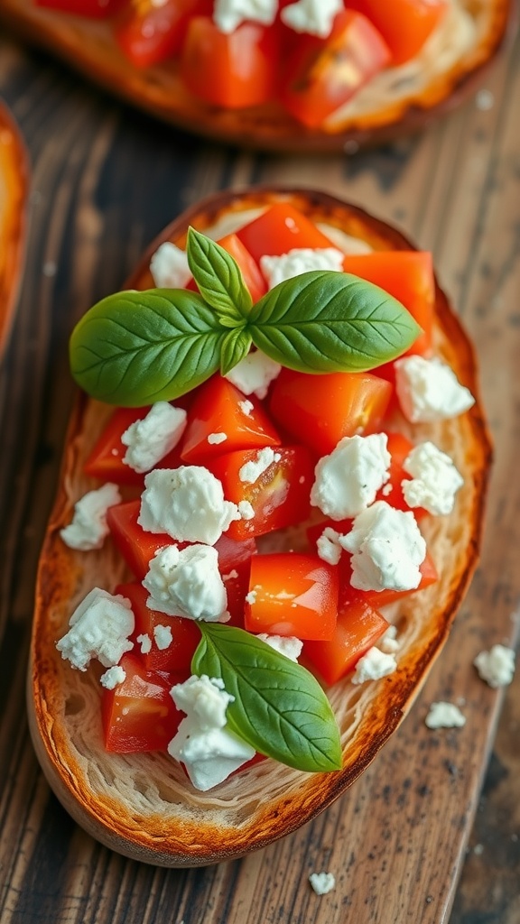 A delicious toast topped with diced tomatoes, crumbled feta cheese, and fresh basil leaves.