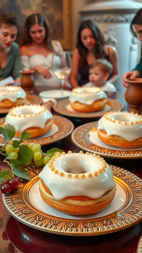 Delicious Toga Pearl Ring Donuts decorated with gold candy pearls and creamy frosting.