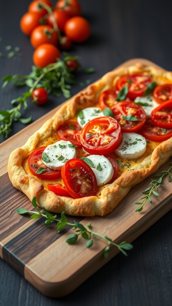 A delicious tomato and goat cheese tart garnished with fresh herbs.