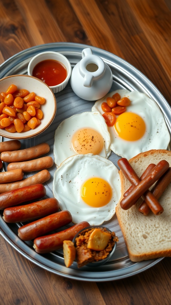 A traditional English breakfast spread on a tray featuring eggs, sausages, baked beans, and bread.