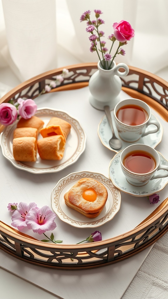 A wooden breakfast tray with tea, pastries, and fresh flowers for a tranquil presentation.