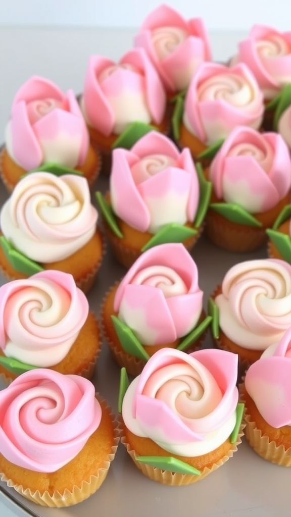 Tulip-inspired cupcakes with pink and white frosting, decorated with green leaves, perfect for a bridal shower.
