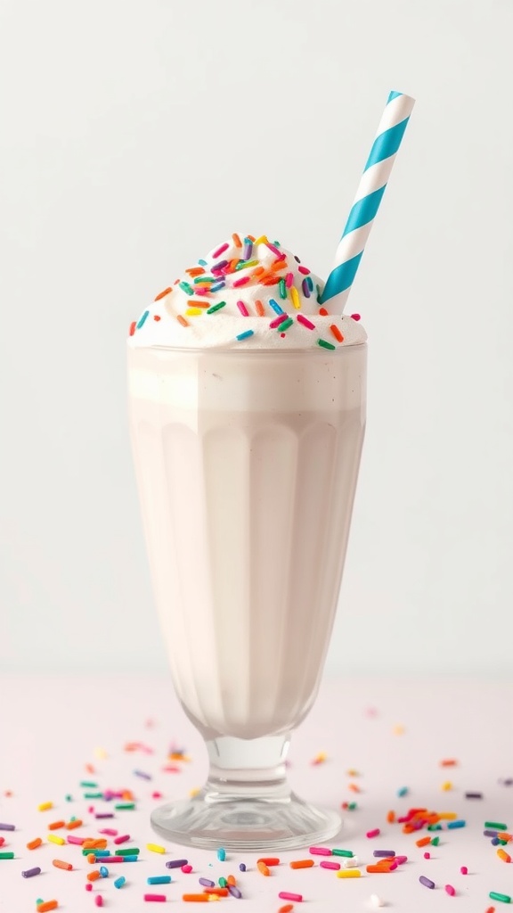 A delicious vanilla milkshake topped with whipped cream and colorful sprinkles in a glass
