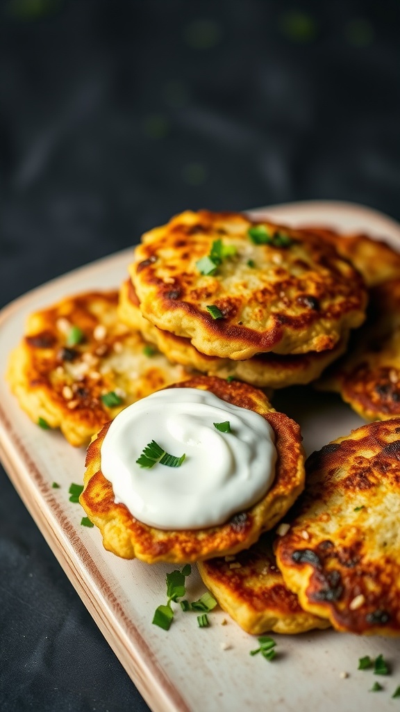 A plate of vegetable pancakes served with a yogurt dip and garnished with herbs.
