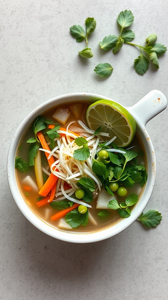 A bowl of vegetable pho garnished with fresh herbs and lime
