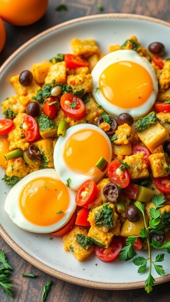 A delicious vegetable scramble with eggs, featuring a mix of colorful veggies and garnished with herbs.